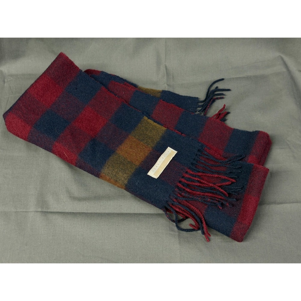 Perry Ellis 100% Wool Scarf Plaid Check Navy Burgundy Fringe Made in Germany